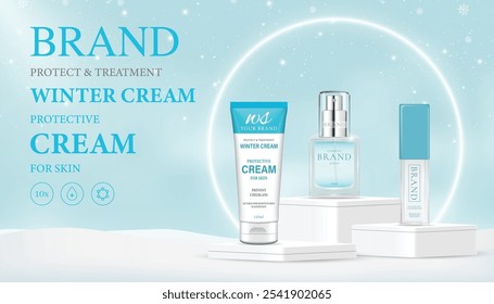 Winter cosmetic ad banner template. Realistic winter landscape with tube of winter cream and serum on white podiums on snow. Vector 3d ad illustration for promotion of goods and cosmetic.