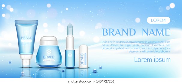 Winter Cosmetic Chapstick, Lip Balm Tubes And Cream Jar On Ice Surface With Pearls On Snow Drift Background, Beauty Cosmetics Product Bottles Set Mock Up Line. Realistic 3d Vector Illustration, Banner