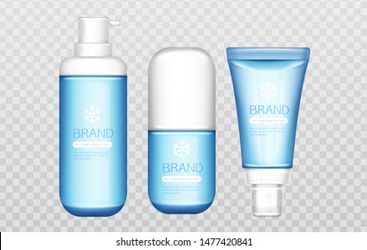 Winter cosmetic tubes set isolated on transparent background mock up, beauty cosmetics product blue bottles with white cap and snowflake, gel, cream, lotion. Realistic 3d vector illustration, clip art
