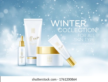 Winter cosmetics background template. Cosmetic tubes on Winter snowy landscape background. Snow dust background. Vector illustration EPS10