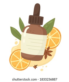 Winter cosmetics with citrus and spices. Orange oil. Label lettering, hyaluron, orange, clove, vitamin C. Active ingredients in cosmetics, acids, treatments. Beauty consultant, product overview. Vecto