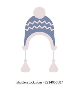 Winter cosy hat for cold or snow. Knitted blue cap, vector illustration