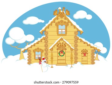 Winter cottage is decorated for Christmas