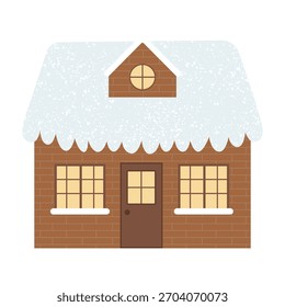 Winter Cottage House Vector. Brown house. Roof covered with snow. Isolated on a white background.