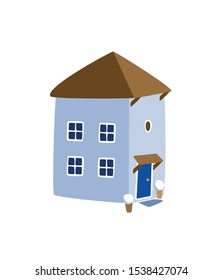 Winter cottage house vector stock image. Two floor building with a blue door and porch globe plant in snow decoration. Country home clip art.