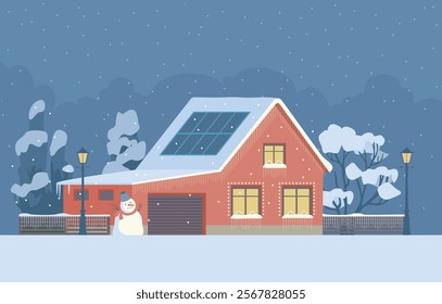 Winter cottage in suburban town. House with solar panel on the roof, trees covered with snow, night sky with clouds and snowfall. Flat vector illustration.