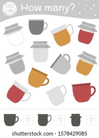 Winter counting game with cup, mug and jam jar. Winter math activity for preschool children. How many objects worksheet. Educational riddle with cute funny pictures