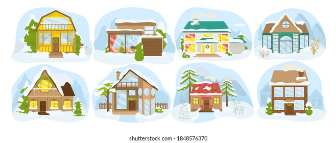 Winter country buildings, snow houses in village, cottages set of icons isolated vector illustrations. Festive Christmas country homes in forest. Wooden houses, town architecture.