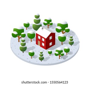 Winter Country farm trees natural forest in isometric landscape projection