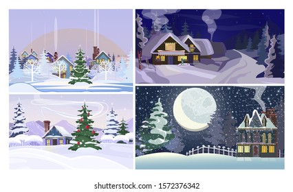 Winter country flat vector illustration set. Winter city landscape with snowfall, cozy houses, moon, Christmas trees. Tourism and nature concept