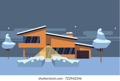 Winter country house flat vector illustration. Orange modern home with street light. House in snow