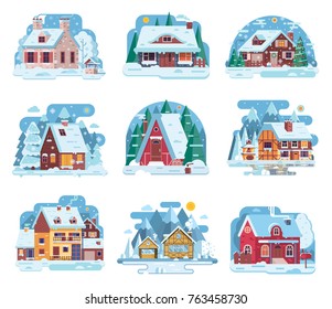 Winter Country Houses And Cabins Collection. Cartoon Snow Homes And Rural Cottages Set. Including Wooden Chalet, Mountain Lodge, Half-timbered Mountain House And Other Snowy Buildings In Flat Design.