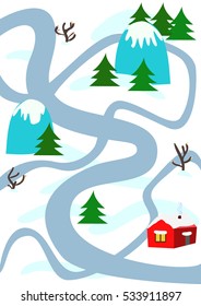 Winter country landscape car track play mat for children activity and entertainment.  Snow landscape with roads, fir-trees, river, house, trees and mountains