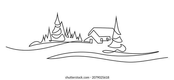 Winter country landscape in continuous line art drawing style. Village house and spruce trees covered with snow black linear sketch isolated on white background. Vector illustration