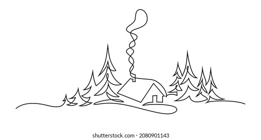 Winter country landscape in continuous line art drawing style  Village house in spruce forest black linear sketch isolated white background  Vector illustration