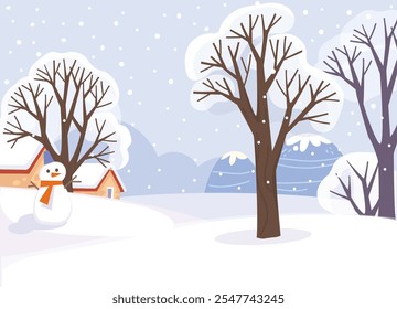 Winter country landscape scenery with  frosted trees, show fall and snow man, mist. Snow frost covered trees without leaves . Winter season, plants Simple tree under the snow vector flat illustration