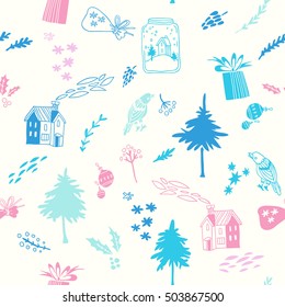 Winter country. New Year vector seamless pattern with cute houses, trees and floral elements. Christmas hand drawn texture with Christmas symbols. Doodle style