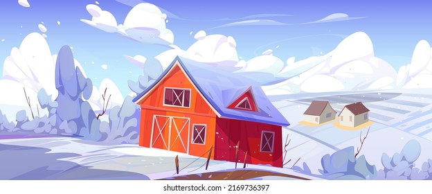 Winter Countryside Landscape With Farm Barn, Agriculture Field And Houses. Vector Cartoon Illustration Of Rural Scene, Farmland With Granary, Road, Fence And White Snow On Trees And Bushes