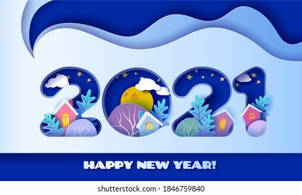 Winter countryside landscape village with houses, pine trees inside blue numbers 2021. Merry Christmas and New Year background. Christmas season paper cut art style vector illustration