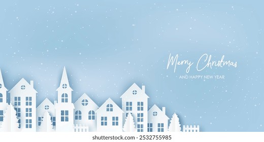 Winter countryside landscape, village paper houses, pine trees and clouds. Merry Christmas and New Year