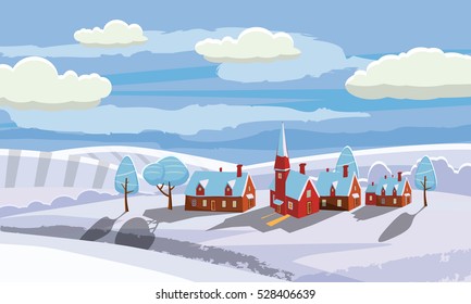Winter countryside landscape, a village in the snow, hills, clouds, snow-covered trees, hills, cartoon style, vector illustration - Shutterstock ID 528406639