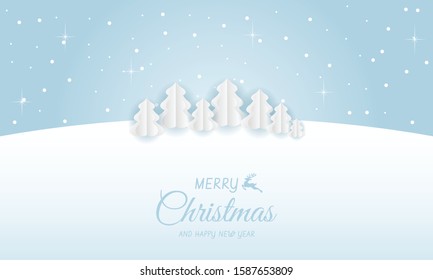 Winter countryside  with paper pine trees. Merry Christmas and New Year background. Christmas season paper art style illustration