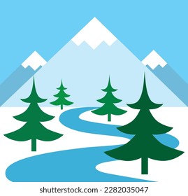 A winter countryside with trees, mountains and a winding stream