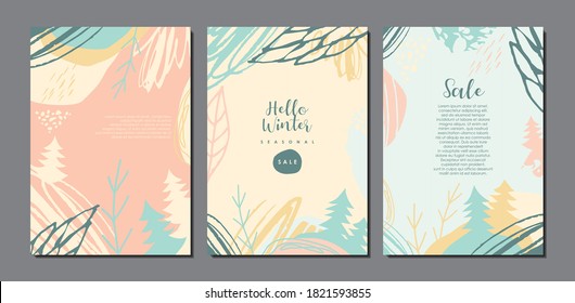 Winter cover design set with leaves, pine trees and abstract landscapes. Seasonal vector graphic for sale posters, backgrounds, brochures, banners, booklets, flyers.