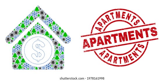 Winter Covid collage commercial building, and Apartments red round stamp seal. Collage commercial building is formed from Covid-2019, forest, and snow flake items.