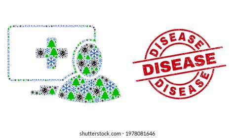 Winter Covid collage computer patient, and grunge Disease red round stamp seal. Mosaic computer patient is designed from flu virus, fir-tree, and snow icons.