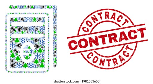 Winter Covid collage euro price pages, and textured Contract red round stamp. Collage euro price pages is composed of Covid, fir tree, and snow symbols. Red Contract stamp uses circles and lines.