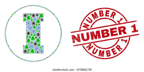 Winter Covid collage first, and Number 1 red round stamp print. Collage first is organized of flu infection, green tree, and snow icons. Red Number 1 stamp uses circles and lines.