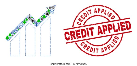 Winter Covid collage growing trend chart, and grunge Credit Applied red round watermark. Collage growing trend chart is made with Covid-2019 virus, fir tree, and frost icons.
