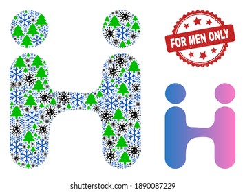 Winter Covid collage human conjugation, and distress For Men Only red rosette watermark. Collage human conjugation is composed with viral, fir-tree, and ice crystal symbols.