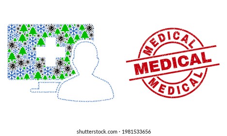Winter Covid collage online medical patient, and Medical red round badge. Collage online medical patient is constructed with Covid, forest, and snow items. Red Medical seal uses circles and lines.