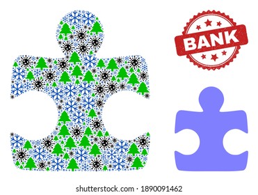 Winter Covid collage puzzle element, and distress Bank red rosette watermark. Collage puzzle element is composed with covid, fir tree, and snowflake symbols. Red Bank stamp uses rosette shape.