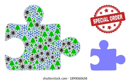 Plugin de rompecabezas de colores Winter Covid y la marca de agua de rosette roja grunge Special Order. El plugin de rompecabezas de colección se realiza a partir de iconos de virus, bosque y copos de nieve.