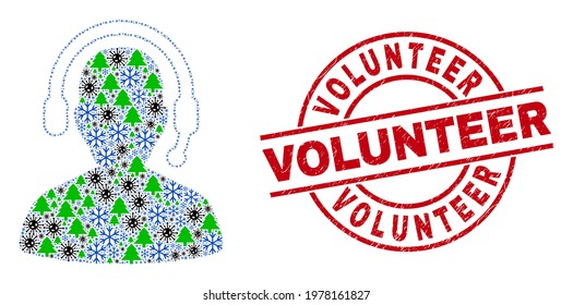 Winter Covid collage radio operator, and grunge Volunteer red round stamp. Mosaic radio operator is formed of Covid, forest, and frost items. Red Volunteer watermark uses circles and lines.