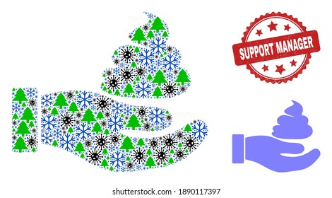 Winter Covid collage shit hand, and unclean Support Manager red rosette seal. Collage shit hand is composed of covid- 2019 virus, fir-tree, and snow items.