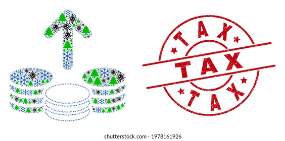 Winter Covid collage spend coins, and grunge Tax red round stamp seal. Mosaic spend coins is created from Corona virus, fir-tree, and snow icons. Red Tax imprint uses circles and lines.