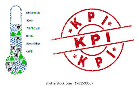 Winter Covid collage thermometer, and textured Kpi red round stamp imitation. Collage thermometer is organized from infection, fir tree, and snow symbols. Red Kpi seal uses circles and lines.