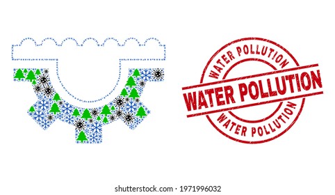 Winter Covid collage water gear, and distress Water Pollution red round stamp. Collage water gear is created from Covid, fir tree, and frost icons. Red Water Pollution stamp uses circles and lines.