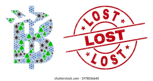 Winter Covid combination bitcoin damage, and Lost red round stamp imitation. Collage bitcoin damage is organized of infection, green tree, and snow flake symbols.