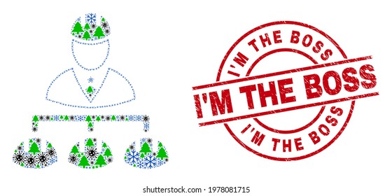 Winter Covid combination engineer hierarchy, and textured I'M the Boss red round stamp seal. Collage engineer hierarchy is constructed of infection, forest, and ice crystal items.