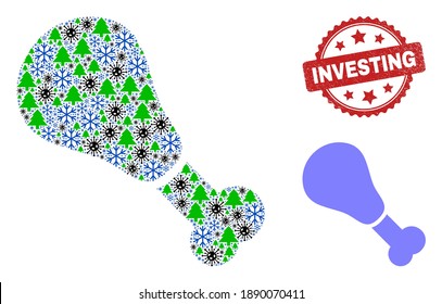 Winter Covid combination fried chicken leg, and dirty Investing red rosette seal. Mosaic fried chicken leg is constructed from covid, forest, and snow flake symbols.