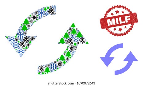 Winter Covid combination refresh arrows, and rubber Milf red rosette stamp print. Collage refresh arrows is organized of corona virus, fir-tree, and snow symbols.