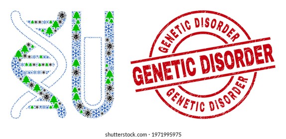 Winter Covid composition DNA testtube, and scratched Genetic Disorder red round stamp seal. Collage DNA testtube is created with Covid, fir-tree, and snow items.