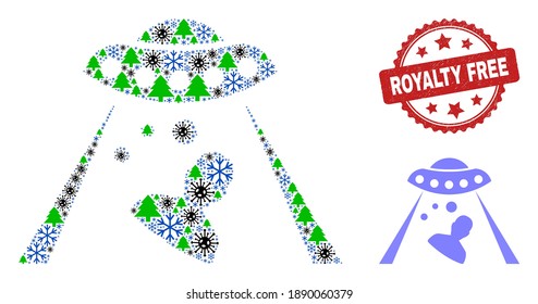 Winter Covid composition human abduction, and distress Royalty Free red rosette watermark. Collage human abduction is made of covid, green tree, and frost items.