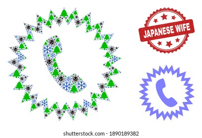 Winter Covid composition telephone alert, and scratched Japanese Wife red rosette stamp seal. Collage telephone alert is made of Covid, fir tree, and ice crystal icons.
