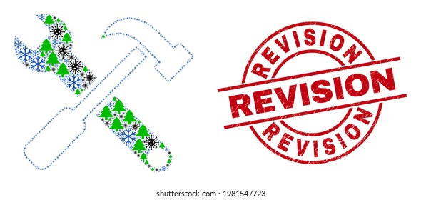 Winter Covid composition tools, and scratched Revision red round watermark. Collage tools is organized from Covid-2019, green tree, and ice crystal symbols.